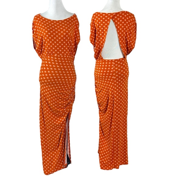 Free People Lakeside Heart Printed Midi Maxi Dress Small Ginger Rust Brown Fall - Picture 10 of 16